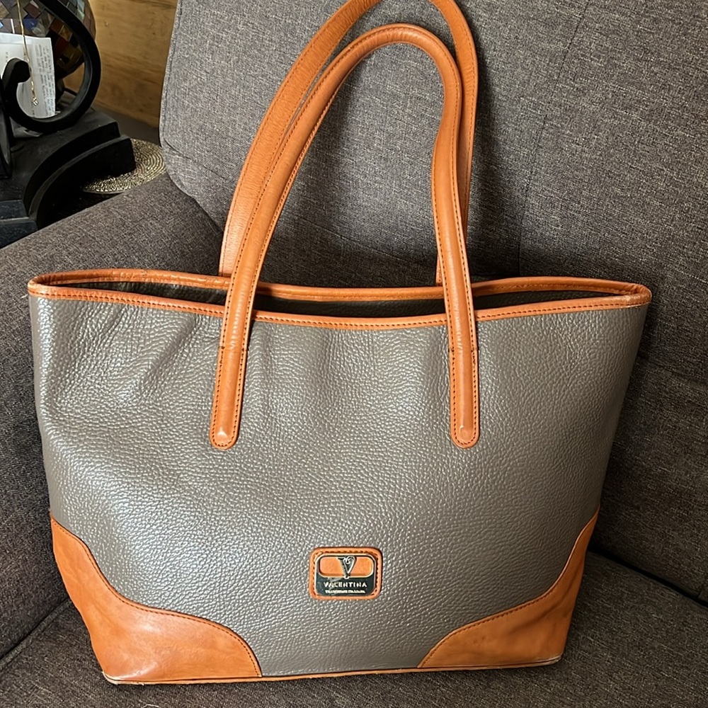 VALENTINA Thick Leather Luxury Bag in Taupe/Acorn